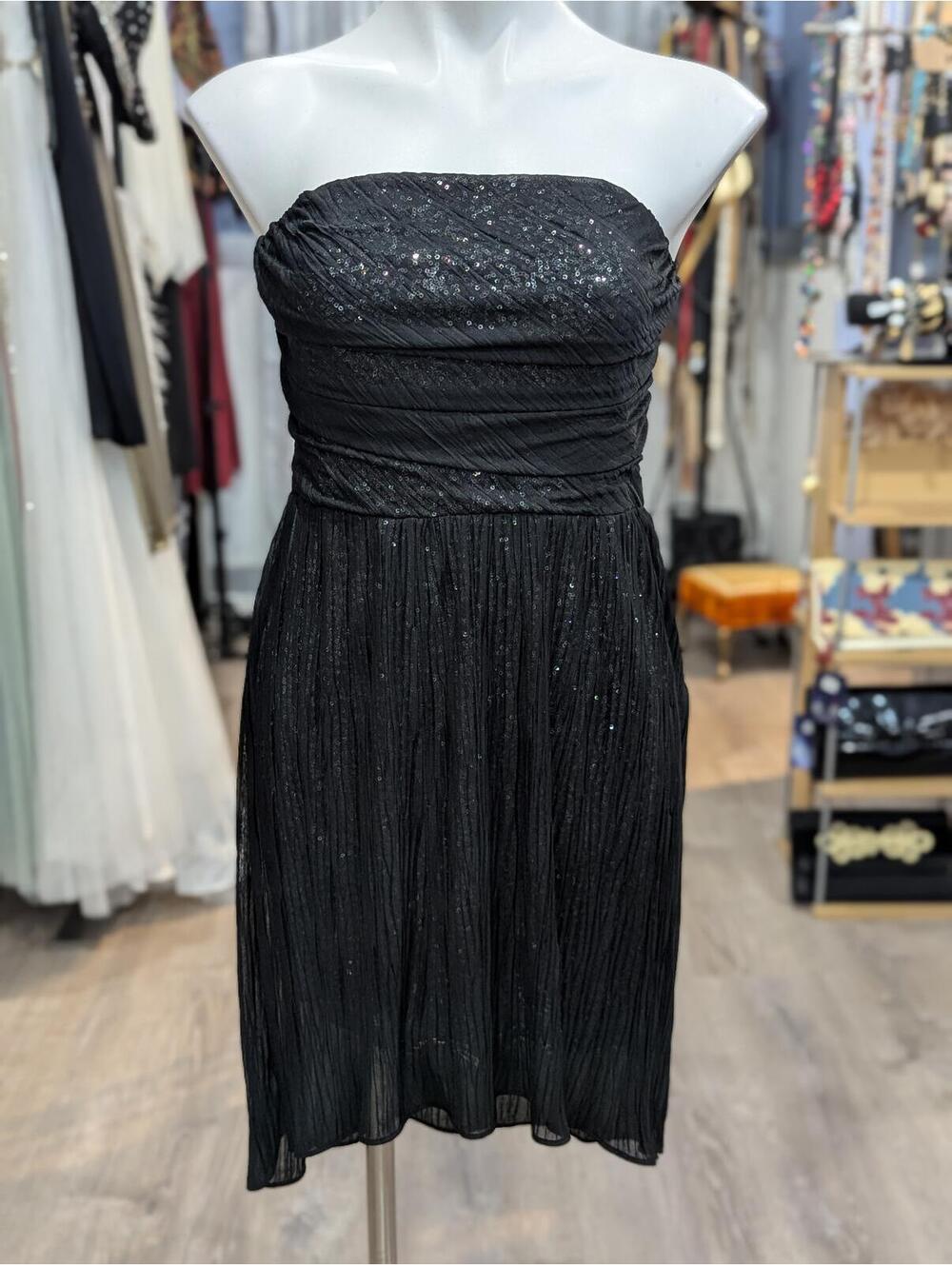 Express Blk Ruche Sequin Strapless Dress